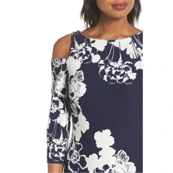 NWOT Jessica Howard Size 18 Navy & White Floral Cold Shoulder Dress Polyester - Picture 3 of 16